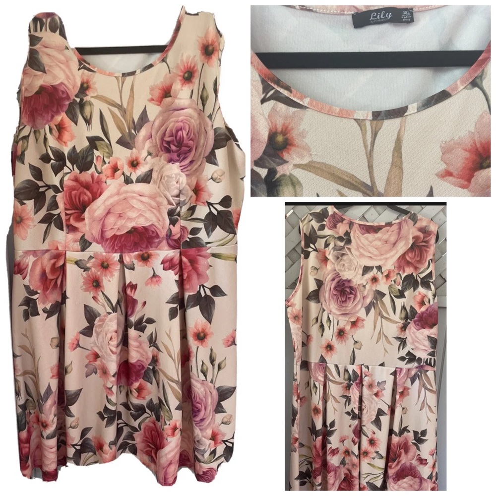 Retro style pleated rose print floral plus size fit and flare dress